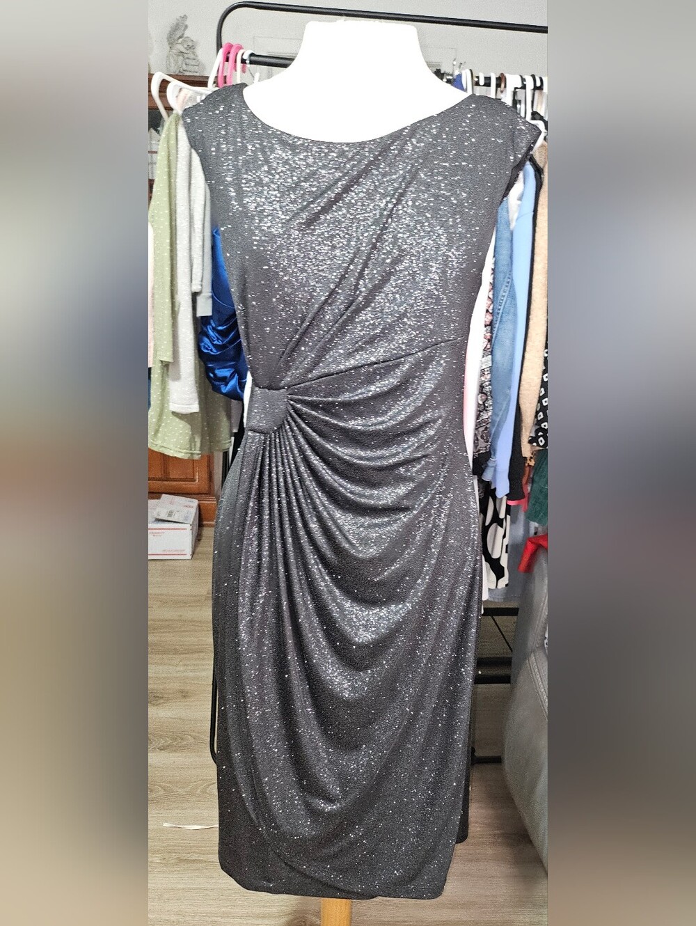 Metalic Charcoal Silver Sparkle Maxi Dress Wedding Guest , Evening Wear Ruched.